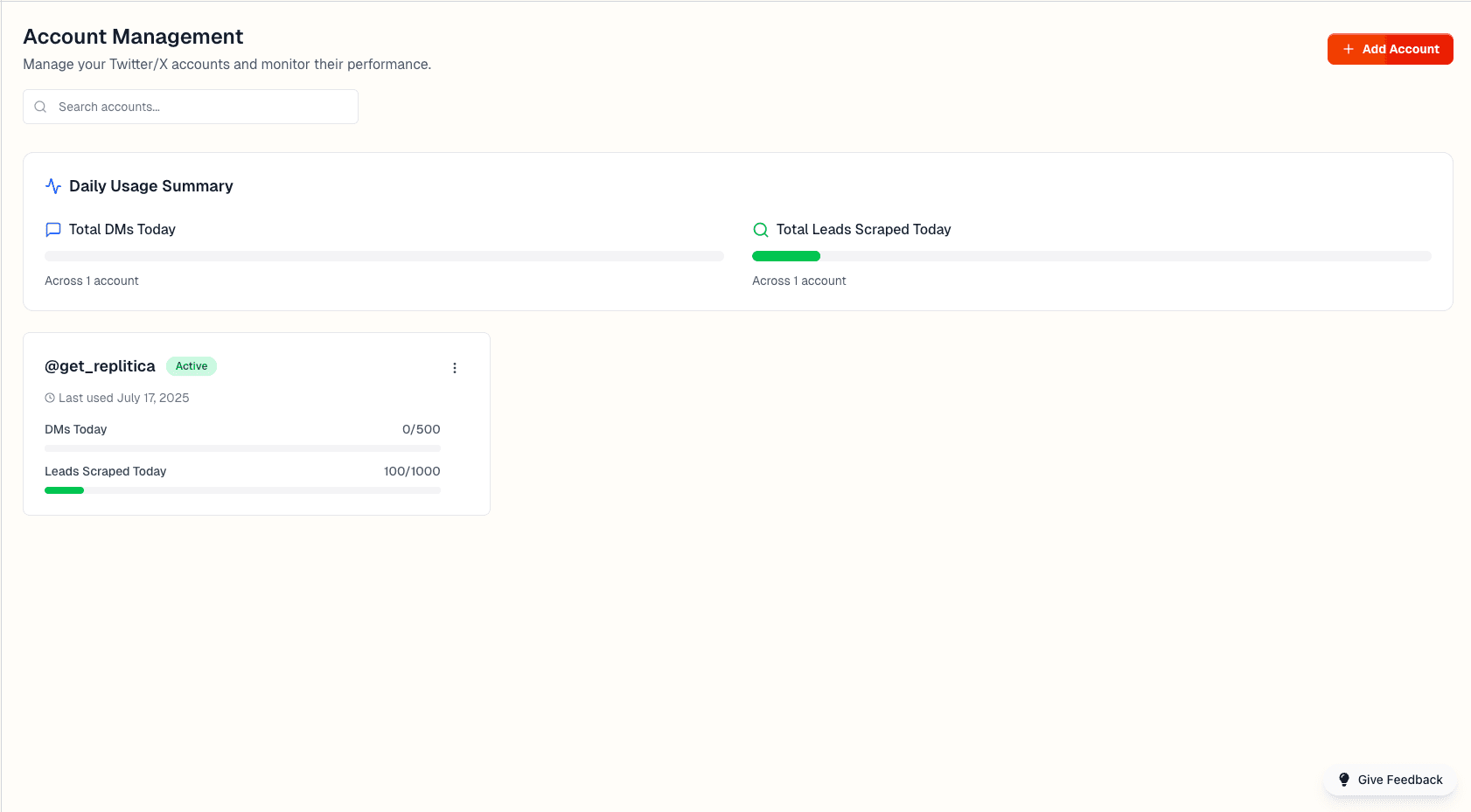 Account management interface showing multiple Twitter accounts with status indicators